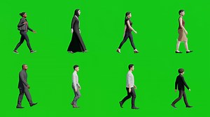 Download Set of Diverse People Walking in Side View 3D Animation on Green Screen for free
