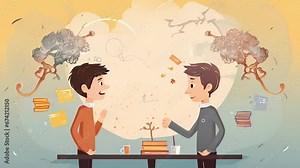 A characters internal thoughts are visualized as a cartoon debate between two characters, one representing their rational thoughts and the other representing their impulsive desires.