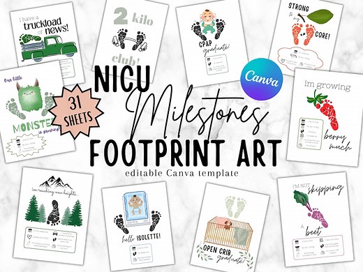NICU Milestones Footprint Art, Premature Baby (canva Template | Digital Download) - Etsy