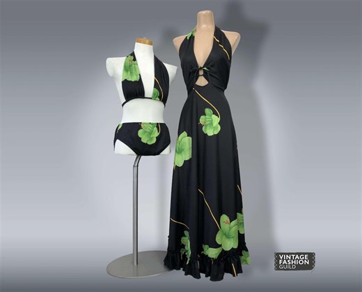 VINTAGE 70s Bikini and Maxi Dress Set Black & Chartreuse Green | 1970s Swimsuit Dress Beach Set | VFG - Etsy