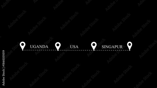 South Asia Route Map with Connected Location Pins on Dark Interface Uganda U S A Singapore. animation on the black background.