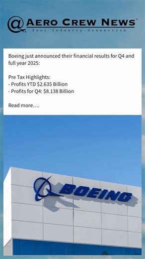 Aero Crew News on Instagram: "Boeing just announced their financial results for Q4 and full year 2025: Pre Tax Highlights: - Profits YTD $2.635 Billion - Profits for Q4: $8.138 Billion Boeing's Q4 2025 results show a revenue increase to $23.9 billion, bolstered by 160 commercial deliveries and a $9.6 billion gain from the Digital Aviation Solutions transaction. Operating cash flow reached $1.3 billion, with free cash flow at $0.4 billion. For the full year, Boeing reported $89.5 billion in reven