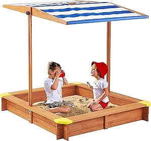 Kids Sandbox with Cover, 46.5" Wooden Sand Box w/Adjustable Canopy, Large Outdoor Cedar Sandpit for Backyard Play
