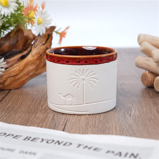 Handmade Japanese Style Ceramic Mug, Desert Palm Design, Red Glazed Interior, Minimalist Embossed Cup, Nature Drinkware, Wabi Sabi Gift - Etsy