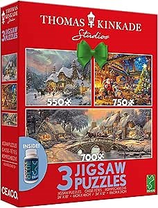 Ceaco - 3 in 1 Multipack - Thomas Kinkade - Holiday - (1) 550 Piece, (1) 750 Pieces, (1) 700 Piece Jigsaw Puzzles
