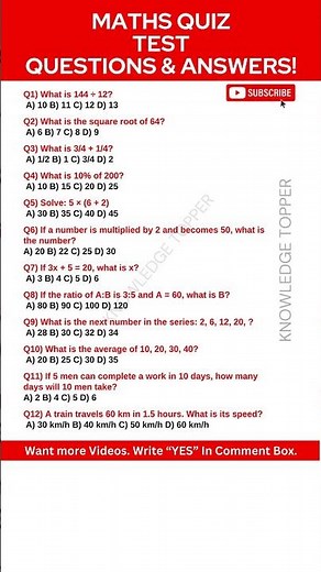 Maths Quiz Questions and Answers | Maths Test Questions and Answers