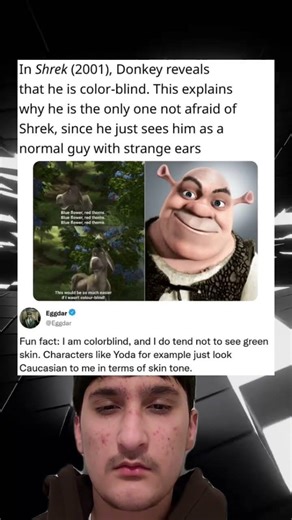 In Shrek (2001), Donkey reveals that he is color-blind. This explains why he is only one not afraid