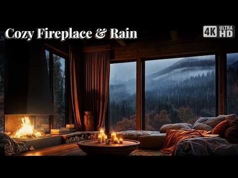 Cozy Fireplace & Rain on Window – Night Ambience for Sleep, Study & Relaxation (4K UHD)
