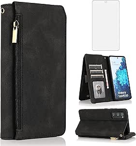 Compatible with Samsung Galaxy S20 FE Gaxaly S 20 FE 5G UW 6.5 inch Wallet Case Tempered Glass Screen Protector Zipper Flip Cover Card Holder Phone Cases for Glaxay S20FE5G S20FE 20S Fan Edition Black