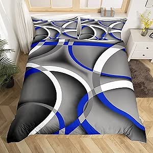 Circle Bedding Set Twin Size,Gray Black Blue Swirls Duvet Cover Abstract Stripes Bed Comforter Cover Set for Kids Boys Girls,Retro Style Bedding Quilt Cover Set Decorative 2 Piece