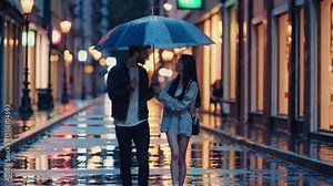 Romantic couple in autumn rain clothes smiling and walking under a umbrella on a rainy day in the city, enjoying a moment of happiness and complicity together