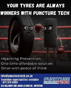 🏆 Your Tyres Are Always Winners With Puncture Tech! Stay safe, prevent hijacking incidents, and enjoy a one-time affordable solution that keeps you protected for the long run. Drive with confidence. Drive with peace of mind. Drive Puncture Tech. 🛞✨ 📧 info@puncturetech.co.za 📞 072 675 0395 📍 C/O Galloway & Johan le Roux Rd, Meyerton 💼 Franchise opportunities available #PunctureTech #TyreProtection #DriveSafe #FlatFree #HijackingPrevention #RoadSafety #PeaceOfMind #SafeDriving #SouthAfrica |