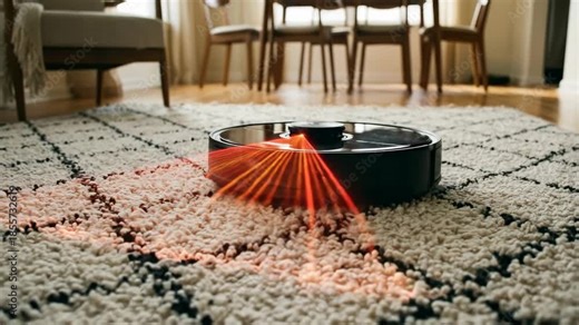 Smart robot vacuum cleaner cleaning carpet in living room with red laser sensors scanning environment for obstacle avoidance technology