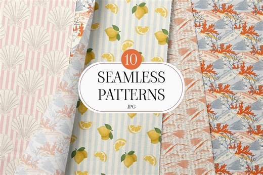 10 Coastal Seamless Patterns Bundle, Nautical Fish Coral Lemon Stripes, Summer Digital Paper Pack, Beach Fabric Design JPG Download - Etsy