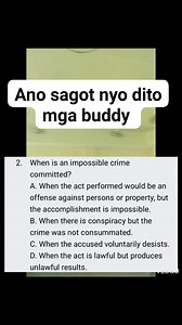 48K views · 387 reactions | When is an impossible crime committed? A. When the act performed would be an offense against persons or property, but the accomplishment is impossible. B. When there is conspiracy but the crime was not consummated. C. When the accused voluntarily desists. D. When the act is lawful but produces unlawful results. #FutureRCrim #Criminology #CriminologyStudent | Crim students tambayan | Facebook