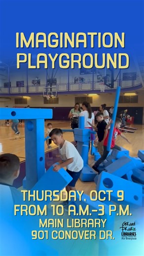 Bring your little builders to Imagination Playground at the Main Library! We'll have giant blue foam blocks ready for hours of unstructured, child-directed free play. (Ages 2+) ️ Thursday, October 9 ⏰ 10 a.m. – 3 p.m.  Main Library (901 Conover Dr) Just show up ready to play! (Note: All children must be accompanied by an adult.) #ImaginationPlayground #FreePlay #GrandPrairieKids #LibraryFun | Grand Prairie Libraries | Facebook