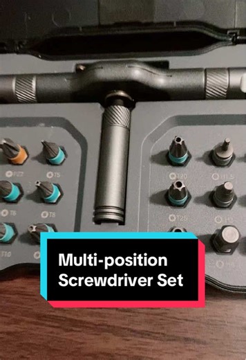 24 bit multi-position ratcheting tool set. You’ll never need to use multiple tools to get into tight spaces or different depths. This is the perfect set for someone starting out where that doesn’t have the space for a big toolbox. ##diy##tools##screwdriver##screwdriverset##newyearnewyou