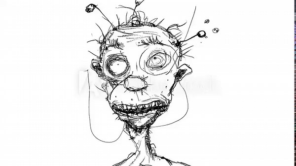 A simple bad messy line drawing of many head and shoulders of an ugly man with pins stuck in his face, smiling, ai generated. This sketch conveys simplicity and emotional facial expressions.