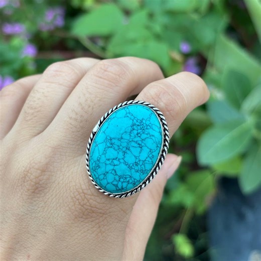 Blue Copper Turquoise Ring, 925 Sterling Silver Ring, Boho Statement Ring, Adjustable Turquoise Ring, Handmade Turquoise Ring, Gift for Her - Etsy