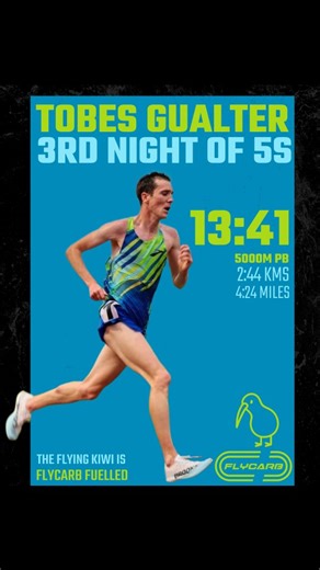 FLYCARB on Instagram: "Tobes Gualter | 13:41 5000m PB 📈 Toby Gualter is unstoppable. The flying Kiwi just delivered a huge new personal best in the 5000m, clocking 13:41.9 at the Night of 5s in New Zealand 🇳🇿 In what is widely acknowledged to be the most competitive 5000m race across the two islands, Tobes proved himself among the very best athletes in the country with a standout performance 🔝 He was locked in a ferocious battle with Kiwi all-stars Sam Tanner and Sam Ruthe for the podium pos