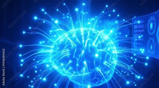 Digital Brain Neural Network Blue Glowing Energy Artificial Intelligence Technology HD 4K Video