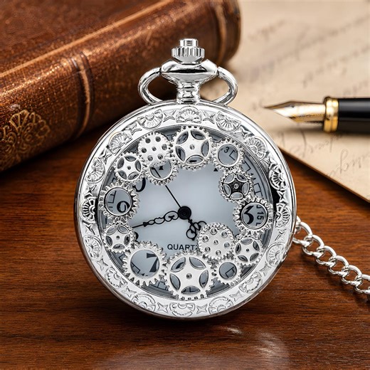 Steampunk Pocket Watch Silver Gear Hollow Quartz Necklace Chain Vintage Men Women Gift - Etsy