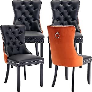 ODUSE-DAILY Velvet + PU Dining Chairs Set of 4, Kitchen & Dining Room Chairs, Tufted, PU Leather and Velvet Upholstered, Solid Wood Frame (Black + Orange)