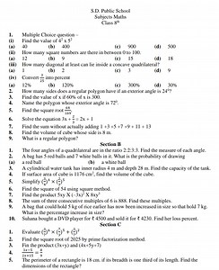 S.D. Public SchoolSubjects MathsClass 8th 1. Multiple Choic... | Filo