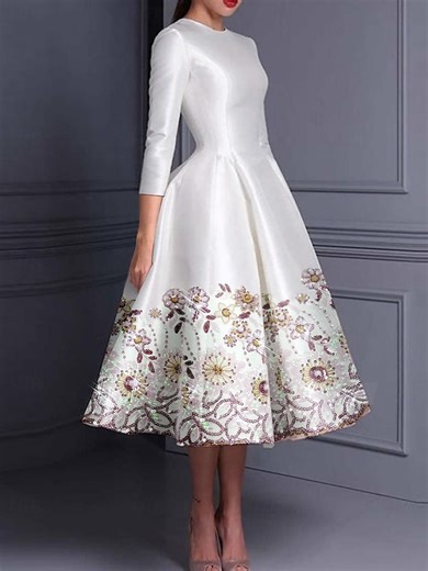 A-Line Tea Length Cocktail Dresses Party Dresses Elegant Color Block 3/4 Length Sleeve Jewel Neck Valentine's Day Formal Belt / Sash Satin with Glitter Slit Embroidery 2025 - $179.99