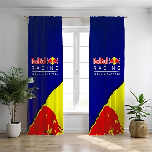Red Bull Racing Inspired Curtains, Formula 1 Fan Room Decor, Energy Drink Logo Drapes, Gamer Room Window Treatments, Man Cave Curtains - Etsy New Zealand