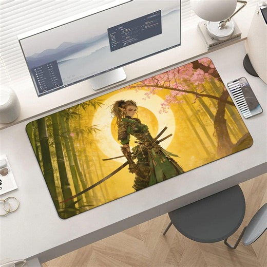 Anime Elf Samurai Mouse Pad | Green Armor Bamboo Forest Cherry Blossom Desk Mat | Large Fantasy Gaming Mat | Warrior Gift - Etsy