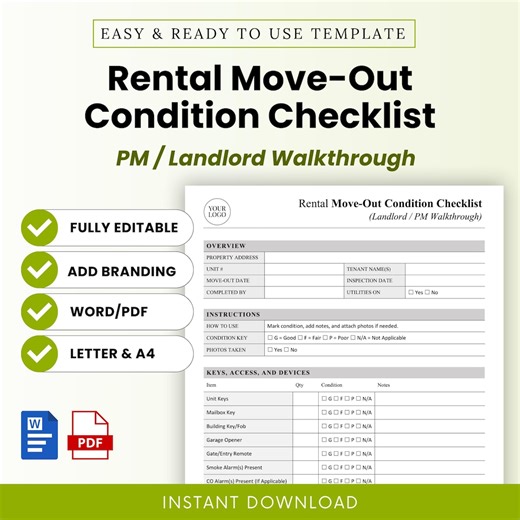 Rental Move-out Condition Checklist Template (property Manager / Landlord Walkthrough) – Word & PDF, A4   US Letter - Etsy Canada