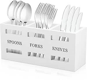 Wood Utensil Caddy, Large Capacity Kitchen Flatware Caddy, Wooden Utensil Holder with 3 Compartments, Silverware Organizer, Multipurpose Cutlery Caddy for Forks Spoons Cutters (White)