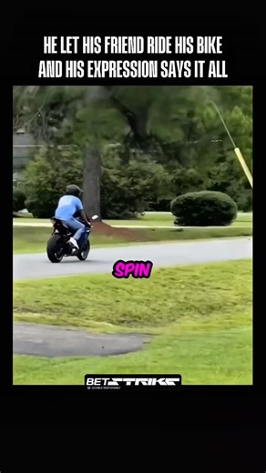 In a true test of friendship, a biker lets his friend take his motorcycle for a ride. As the friend pulls away and begins to pick up speed, the owner’s face tells a story of both pride and immediate regret. The sound of the engine revving in the distance clearly heightens the tension, leaving the biker questioning his decision. It is a moment every vehicle enthusiast can relate to when they watch someone else push their pride and joy to the limit. This video is for entertainment purposes only. A