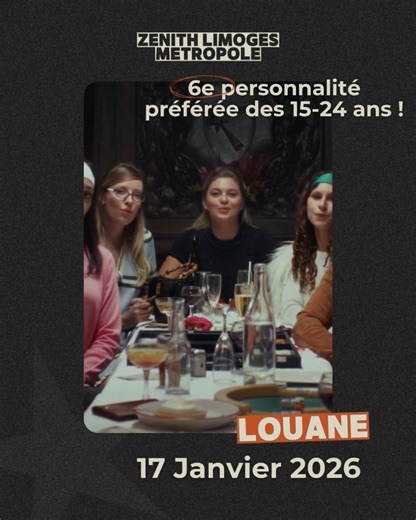 Louane débarque au Zénith de Limoges 📅 17 janvier 2026 🎤 La 6ᵉ personnalité préférée des 15–24 ans 🎟 Fosse dès 20€ 🔥 Date exclusive ⚠️ Dernières places disponibles On se voit là-bas ? 👀🔥 | ZÉNITH LIMOGES MÉTROPOLE