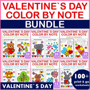 Valentine`s Day Music Coloring Pages Bundle | Color-by-Note Music Theory Sheets