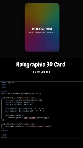 Holographic 3D Card 🌈✨ Insane Tilt Animation | HTML CSS JavaScript| @cs_unlocked #viral #shorts