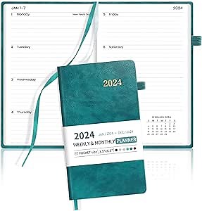 SUNEE 2025 Pocket Weekly Planner for Purse 3.5" x 6" - 12 Month (January 2025 - December 2025), Pocket Size Planner, Hardcover, Notes, Pocket, 100 GSM Paper, Pacific Green