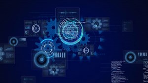 Premium stock video - Animation of cogs spinning, scope scanning and data processing