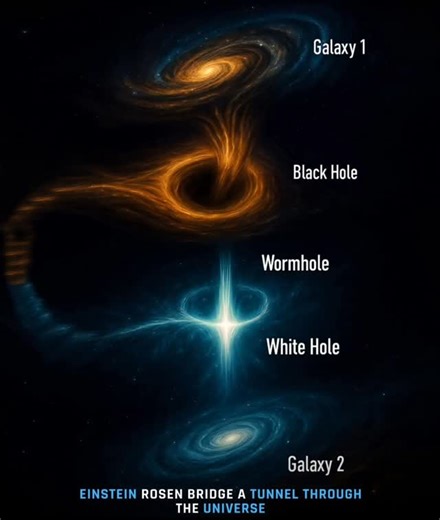 crazy world on Instagram: "🌌 The Ultimate Cosmic Shortcut: The Einstein-Rosen Bridge 🤯 ​Imagine a tunnel connecting two impossibly distant galaxies... That’s the mind-bending concept of the Einstein-Rosen Bridge, more commonly known as a Wormhole! ​This stunning visual depicts the theoretical journey: ​Entry: Black Hole (Galaxy 1) - The massive gravity warps spacetime, creating the initial 'funnel.' While a real black hole's singularity would crush any traveler, the mathematics of general rela