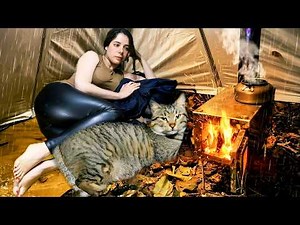 Solo Girl Hot Tent Camping Alone in Heavy Rain 🌧🔥 | Cozy Stove Cooking & Rain ASMR with a Stray Cat