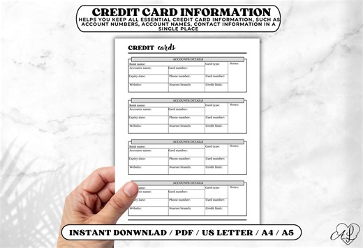 Credit Card Information Tracker, Printable One Page Planner - Etsy Canada