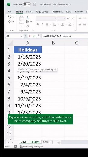 Get a list of workdays in Excel