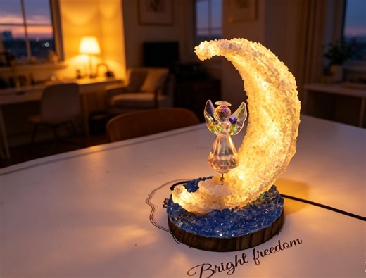 Crystal Moon Angel Rotating Night Light, Warm Yellow LED Lamp, Handcrafted Spiritual Decor - Etsy