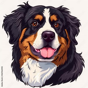 A brilliant animated logo showcases a friendly Bernese shepherd, capturing the essence of this lovable breed with dazzling colors and joyful expression, perfect for dog enthusiasts.