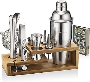 Mixology Bartender Kit and Cocktail Shaker Set for Drink Mixing | Mixology Set with 10 Bar Set Tools and Bamboo Stand Makes It The Perfect Home Cocktail Kit | Complete Bartender Kit (Silver)