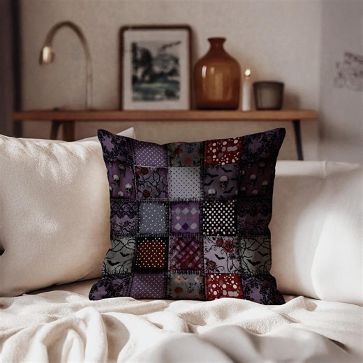 Dark Patchwork Pattern Pillowcase Gothic Throw Pillow Cover Moody Vintage Quilt Style Black Plum Aesthetic Home Decor - Etsy