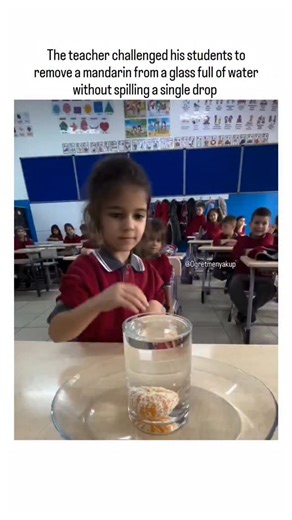 Buzz_Decode🔵 on Instagram: "This viral video captures a kindergarten classroom challenge where students repeatedly fail to grab a submerged mandarin from a full glass of water, spilling drops each time, emphasizing hands-on trial-and-error in early education. The breakthrough solution—a student stirs the water vigorously to create a whirlpool that lifts the floating fruit to the rim—demonstrates basic fluid dynamics, as the vortex agitates and displaces the mandarin without overflow. Posted by 