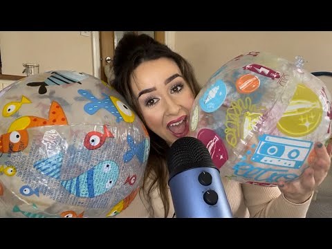 ASMR INFLATING BEACH BALLS -blowing up two clear beach balls (scratching, hissing, inflating)