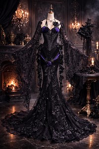 Gothic Victorian Wedding Dress, Black and Purple Corset Mermaid Gown, Lace Bell Sleeve Macabre Bridal Dress - Etsy